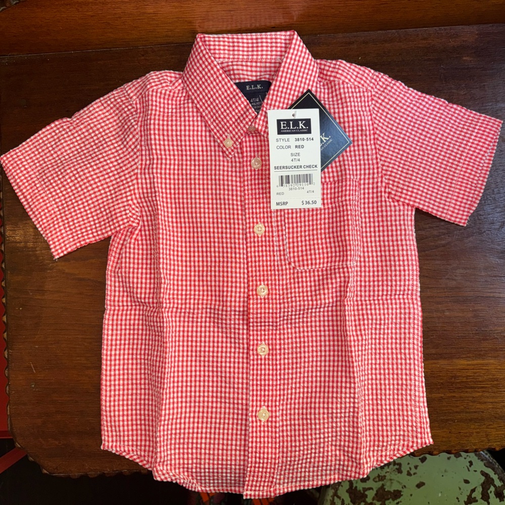 NWT E.L.K. Little Boys Toddler Red Short Sleeve Seersucker Check Shirt 4 4T ❤️🤍